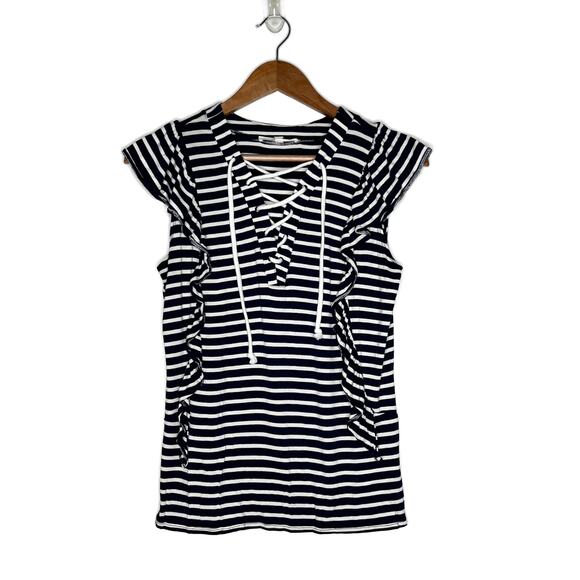 C&C California Navy Blue/White Striped Lace Front Ruffle Sleeve Tee Top Small - Picture 1 of 3